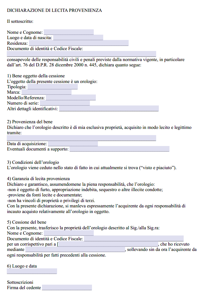 Dichiarazione Lecita Provenienza Orologi