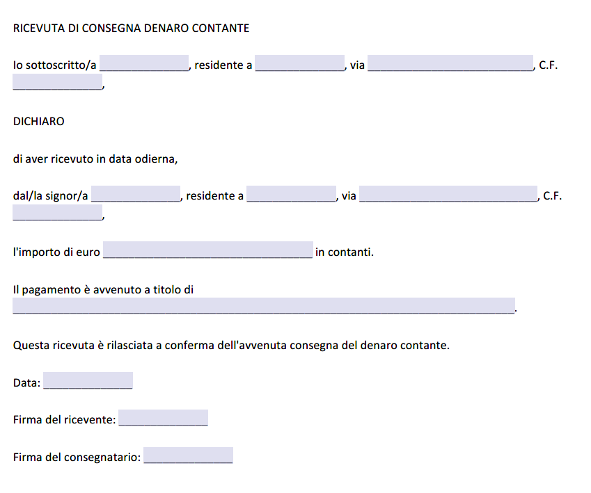 Ricevuta consegna denaro contante