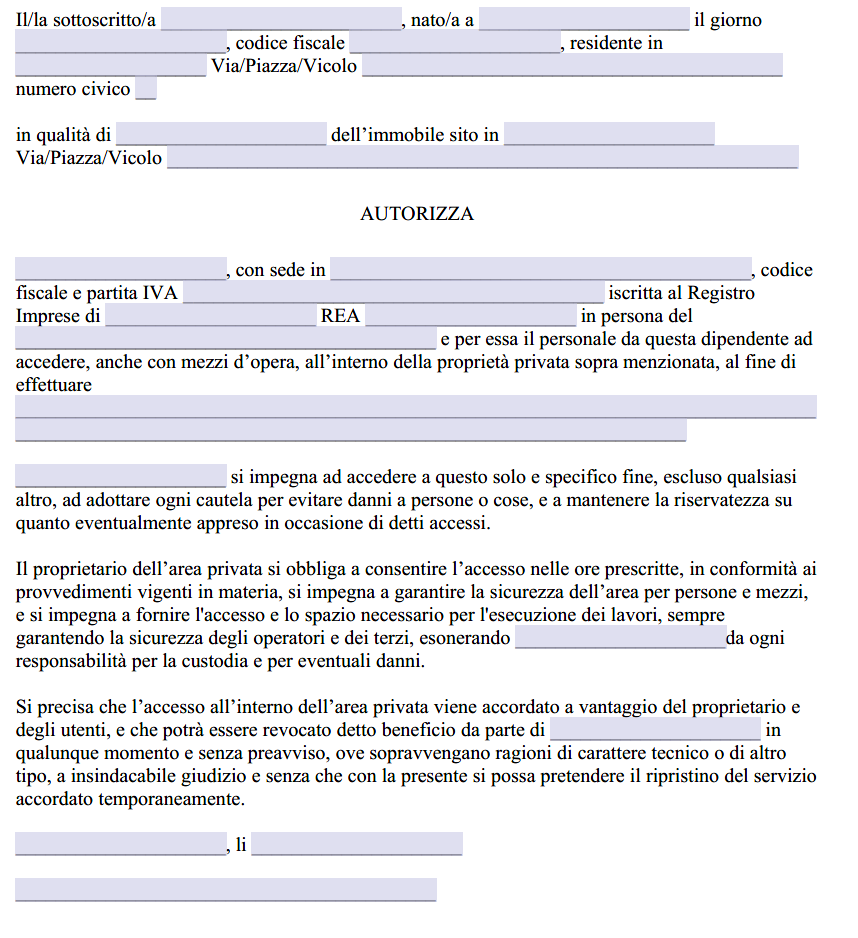Modello Autorizzazione Accesso Proprietà Privata per Lavori
