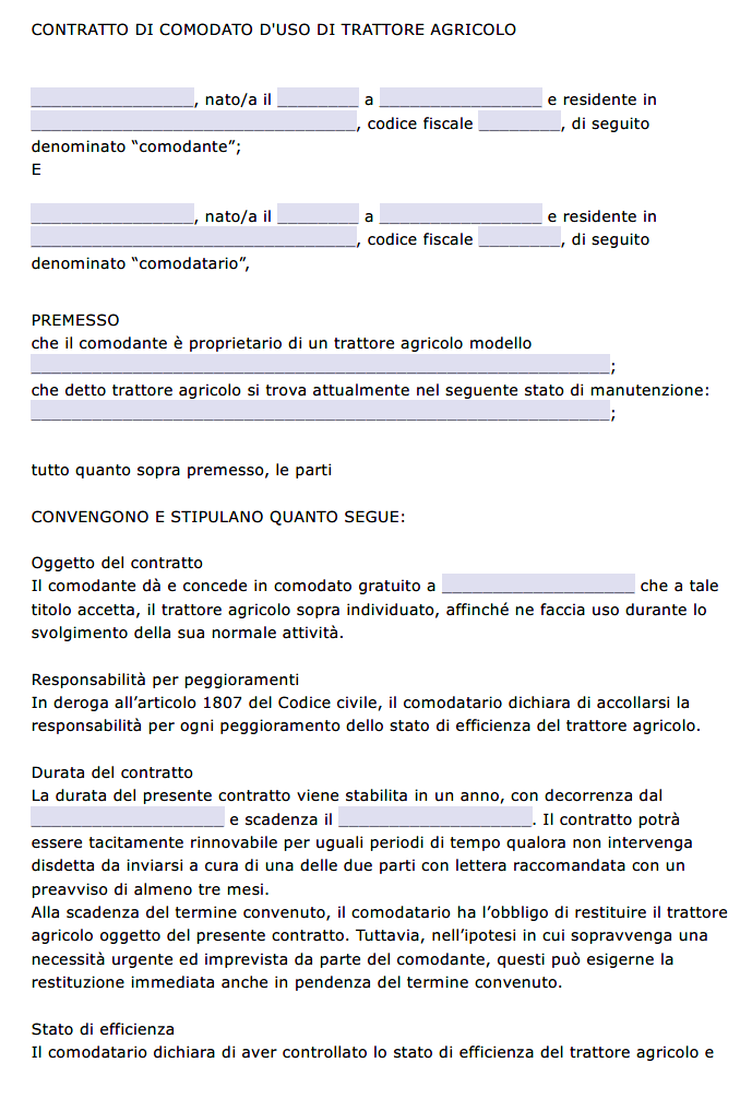 Comodato d'Uso Gratuito Trattore