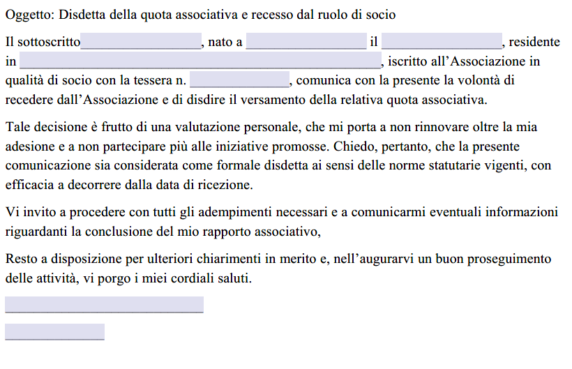 Fac Simile Disdetta Quota Associativa