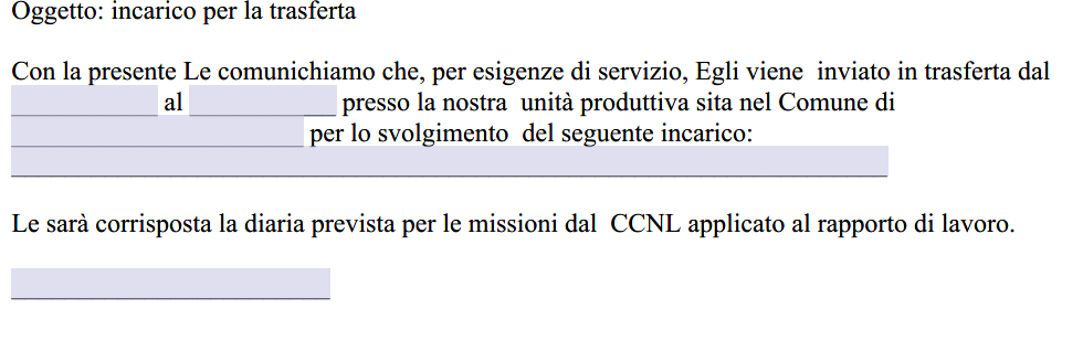 Lettera di incarico per trasferta
