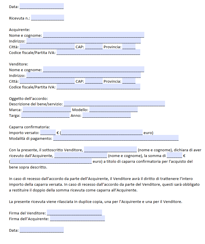 Modulo Caparra Acquisto Auto