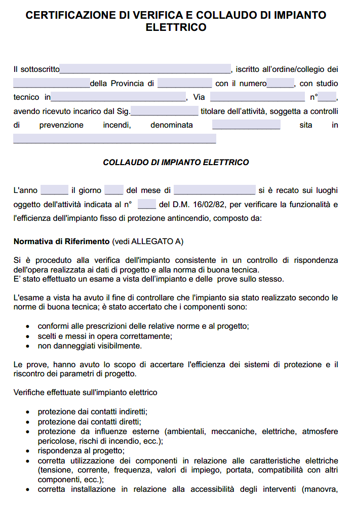 Verbale di collaudo impianto elettrico