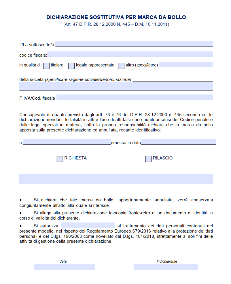 Modulo Dichiarazione Sostitutiva per Marca da Bollo