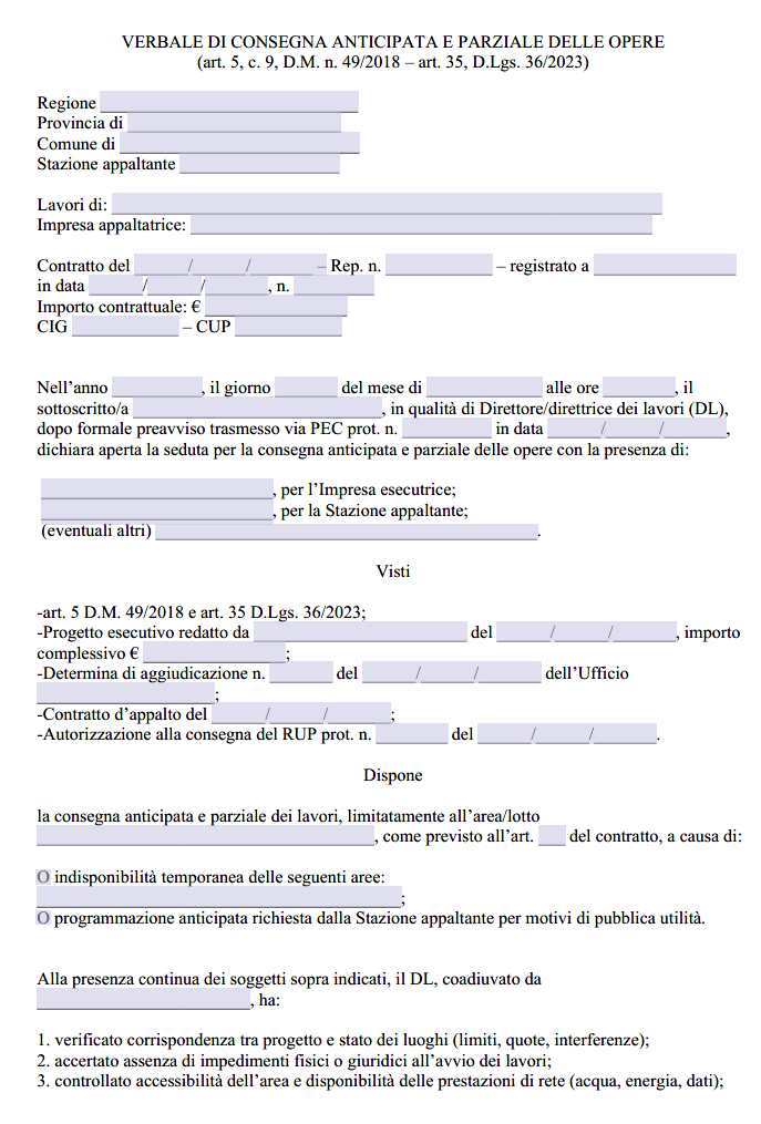 Fac Simile Verbale di Presa in Consegna Anticipata e Parziale