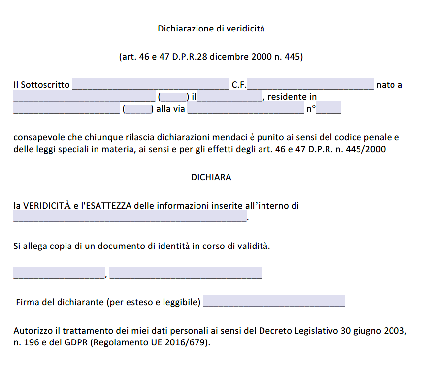 Dichiarazione di Veridicità dei Dati