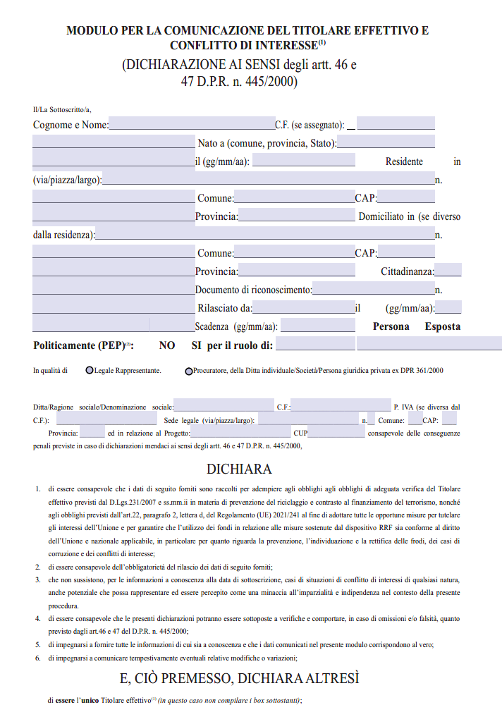 Modulo Comunicazione Titolare Effettivo