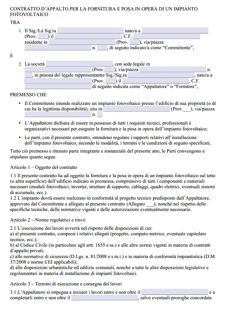 Contratto per Realizzazione Impianto Fotovoltaico