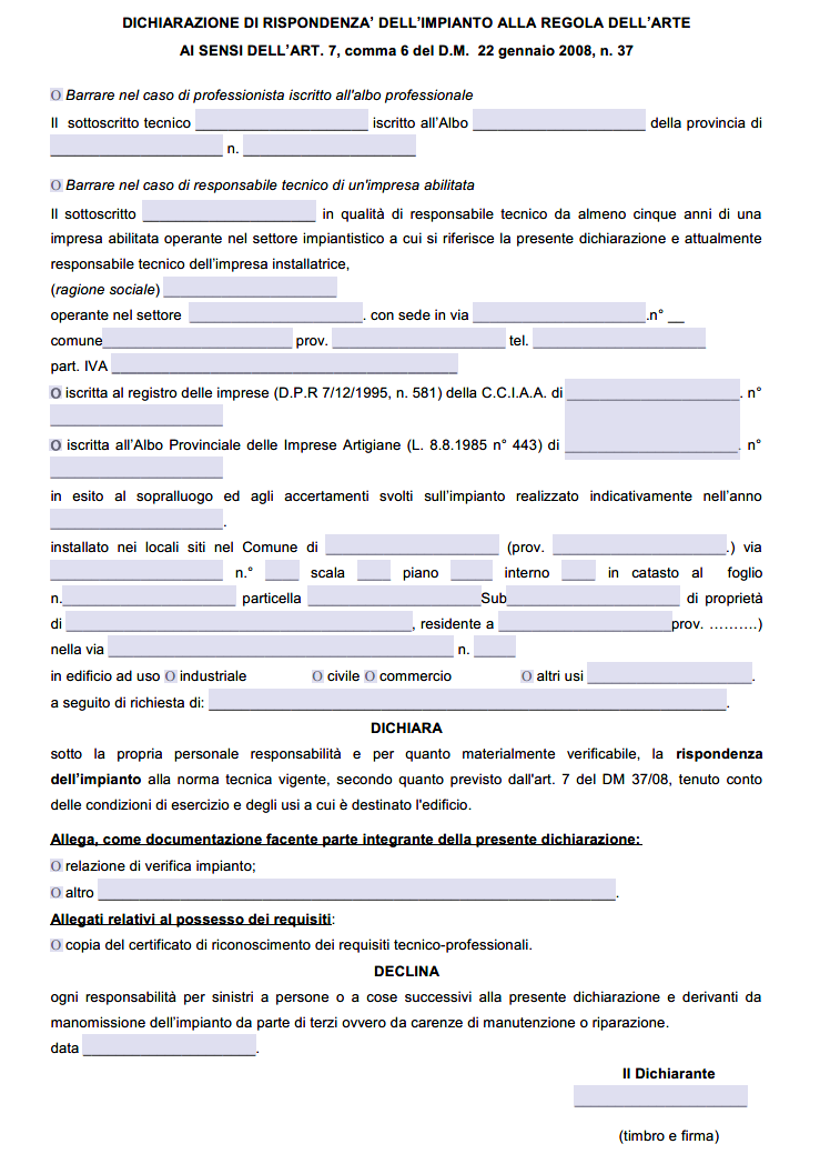 Fac Simile Dichiarazione di Rispondenza Impianto Idrico