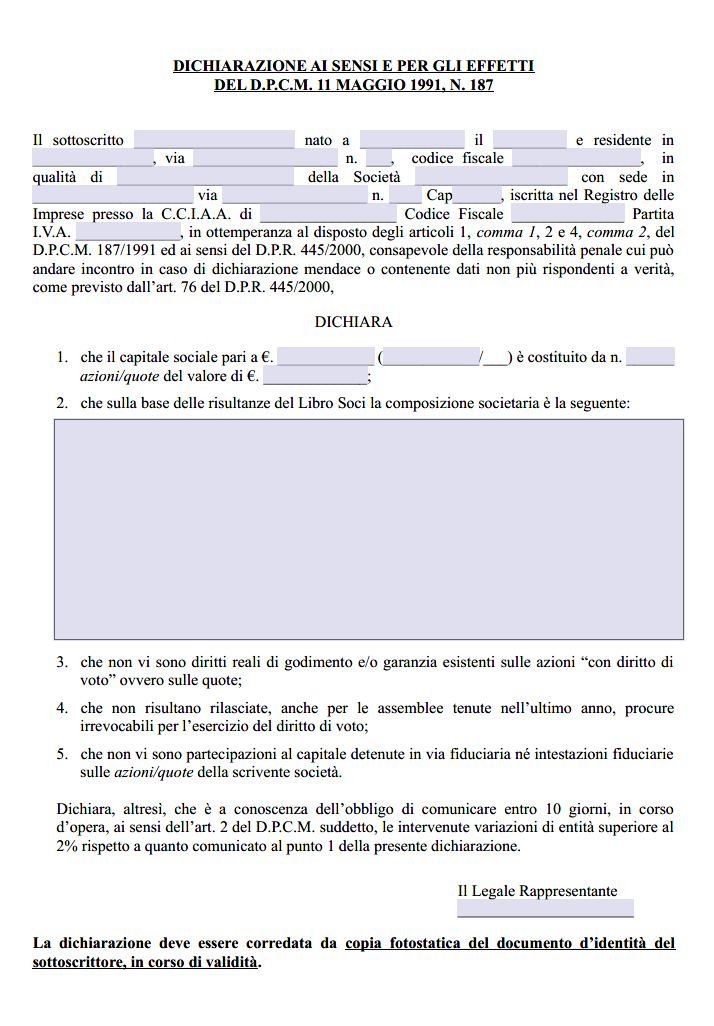 Fac Simile Dichiarazione Composizione Societaria Dpcm 187/91