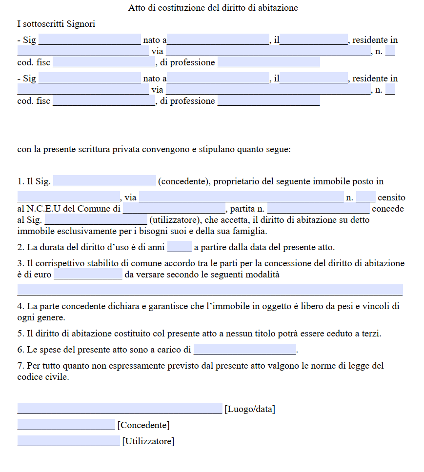 Contratto per Diritto di Abitazione