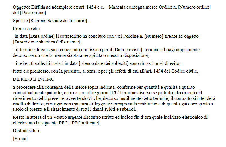 Fac Simile Lettera di Diffida per Merce non Consegnata Word