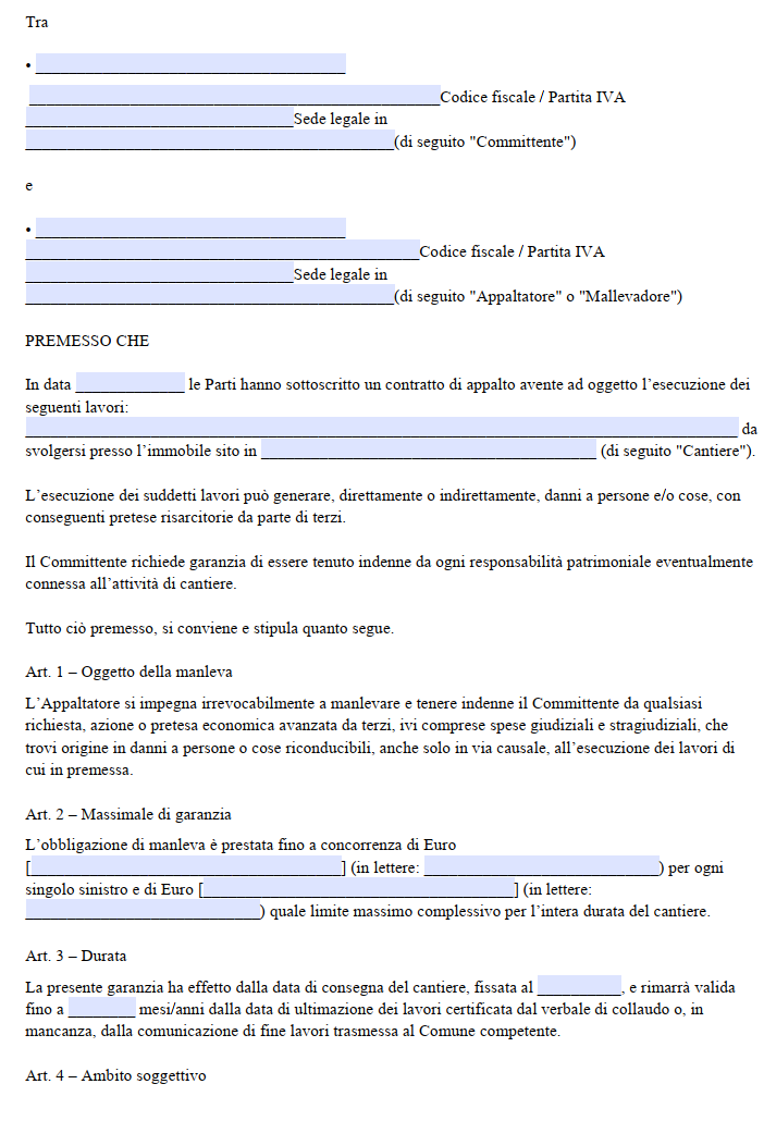Manleva per Lavori Edili