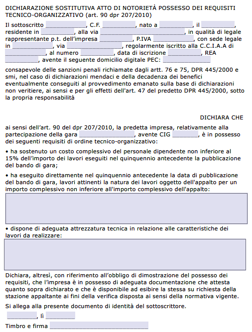 Fac Simile Dichiarazione requisiti art. 90 D.P.R. 207/2010