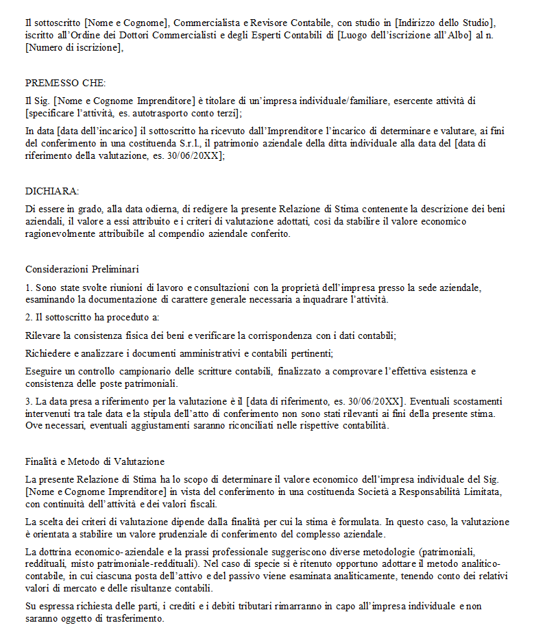 Fac Simile Perizia Conferimento Ditta Individuale in Srl