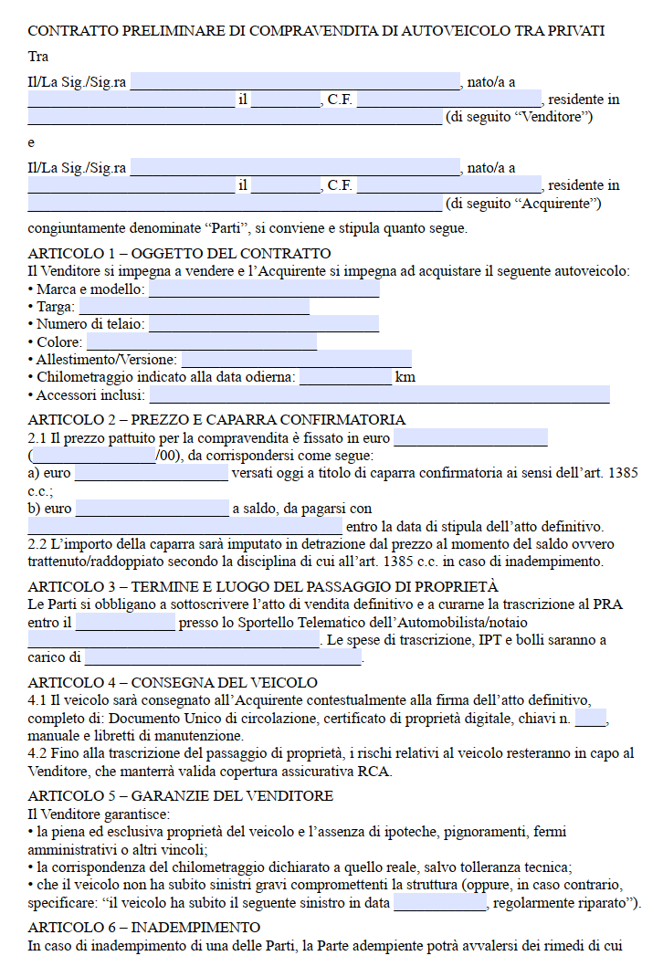 Preliminare Vendita Auto tra Privati