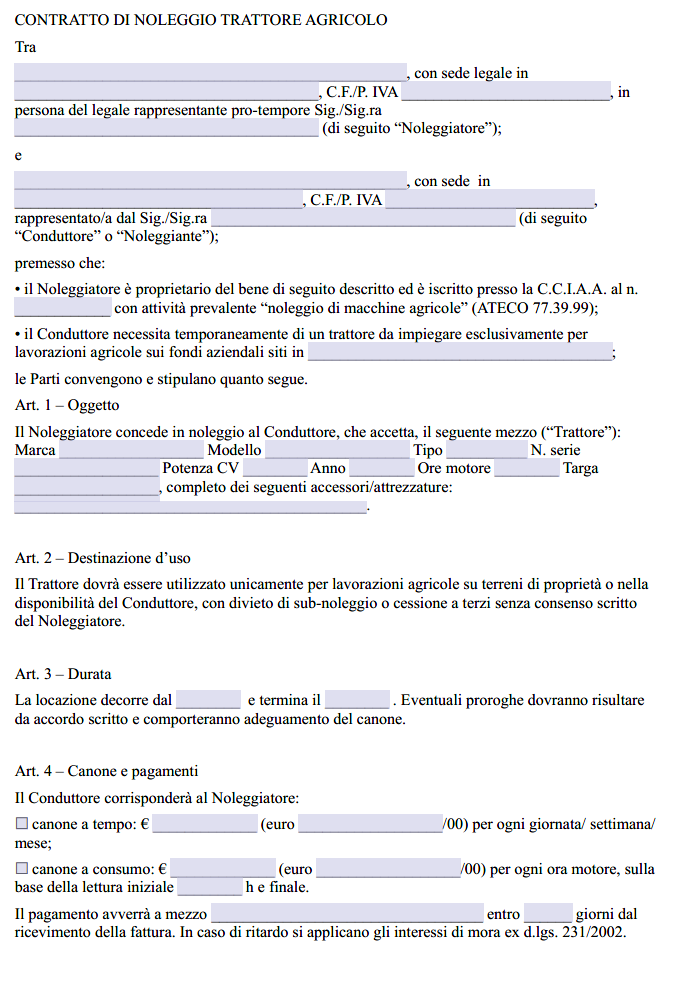 Contratto di Noleggio Trattore Agricolo