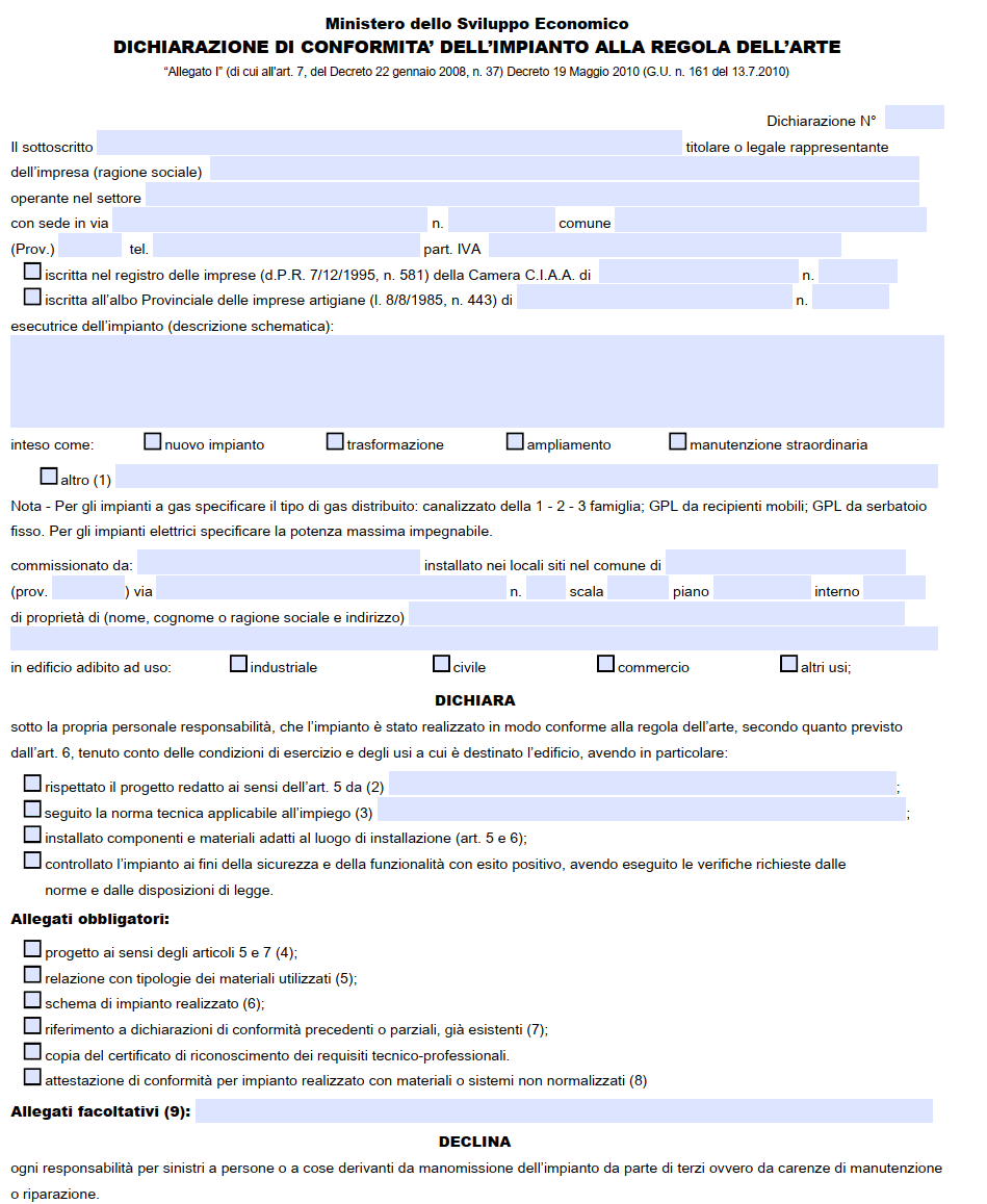 Modulo Dichiarazione di Conformità Impianto di Condizionamento