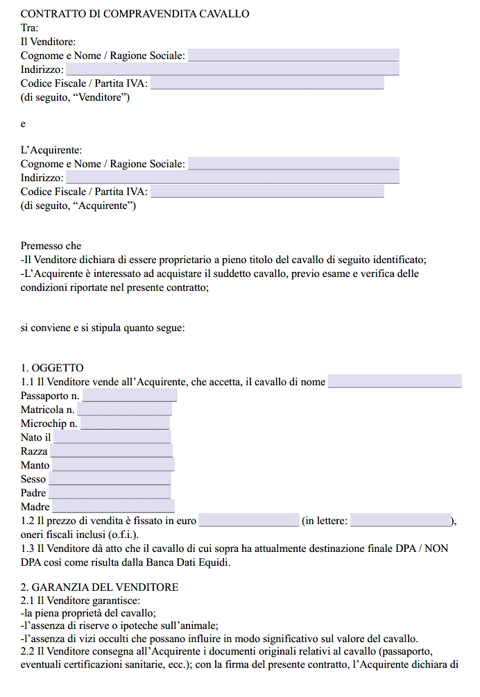 Fac Simile Contratto Compravendita Cavallo