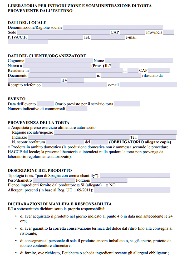 Modulo Liberatoria Torta Ristorante