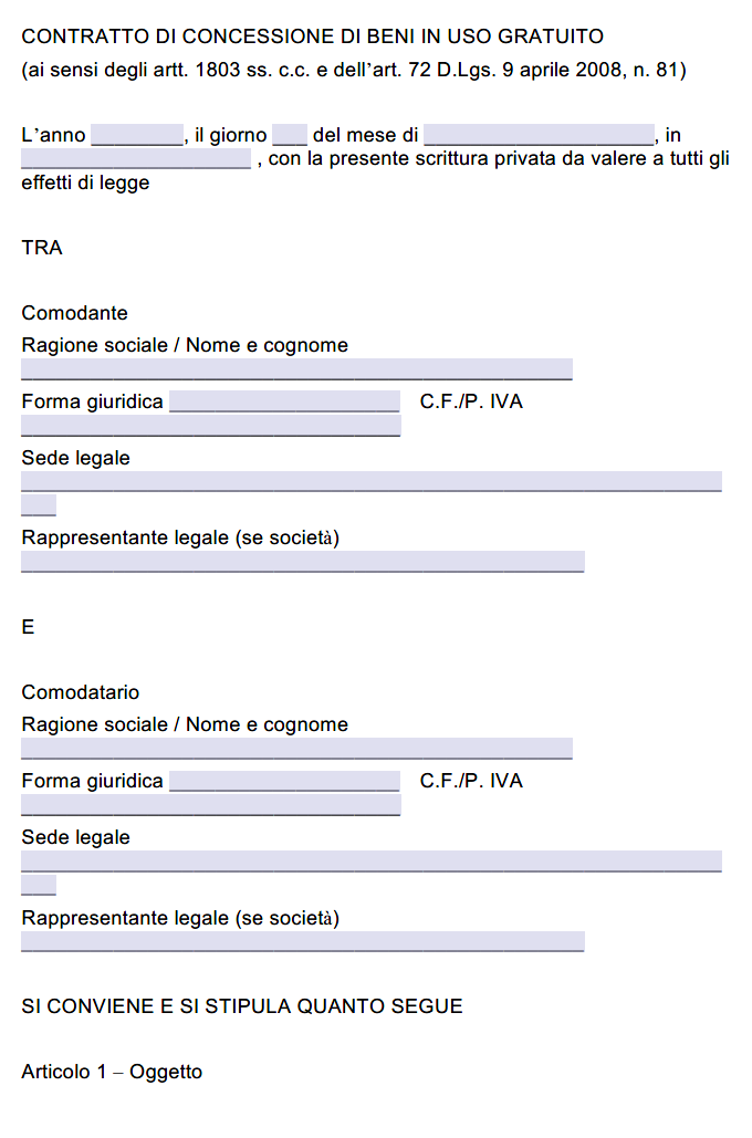 Contratto di Comodato d'Uso Gratuito Attrezzature di Lavoro