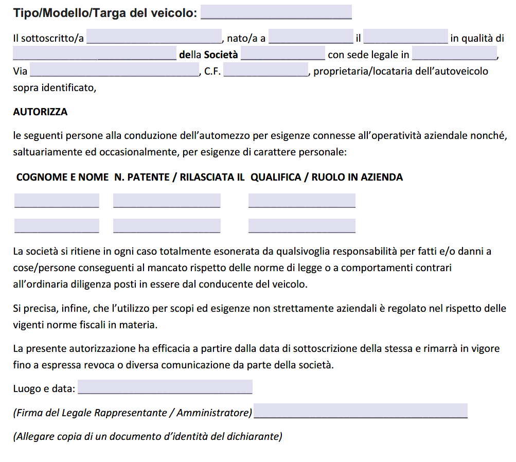 Modulo Delega Utilizzo Auto Aziendale