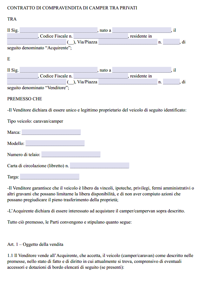 Contratto Vendita Camper tra Privati Visto e Piaciuto