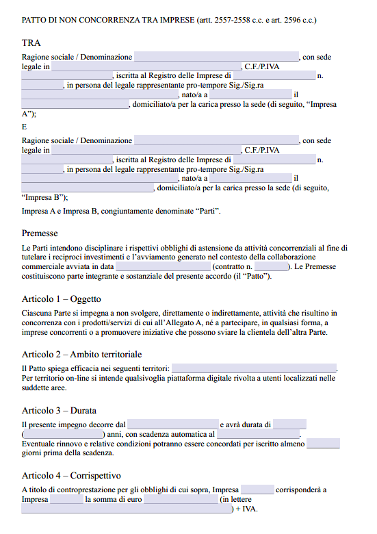 Fac Simile Patto di non Concorrenza tra Imprese