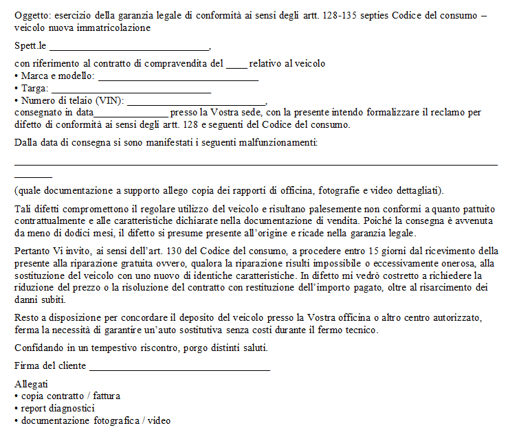 Lettera di Reclamo per Auto Nuova Difettosa
