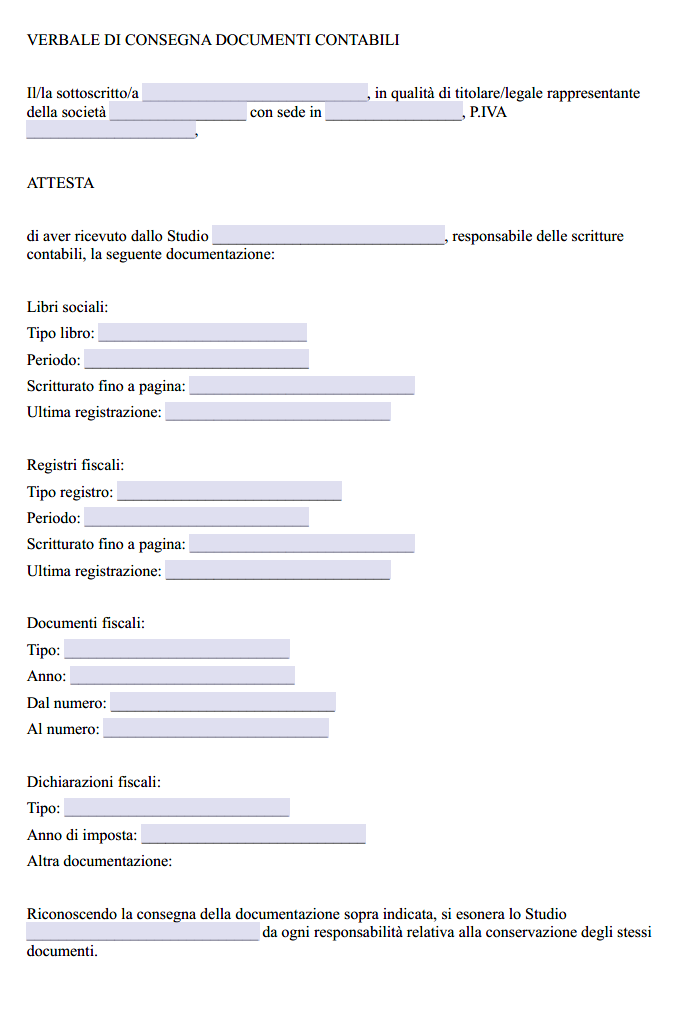 Fac simile verbale consegna documenti contabili commercialista