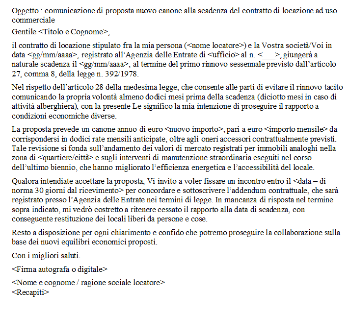 Comunicazione Aumento Canone Locazione Commerciale