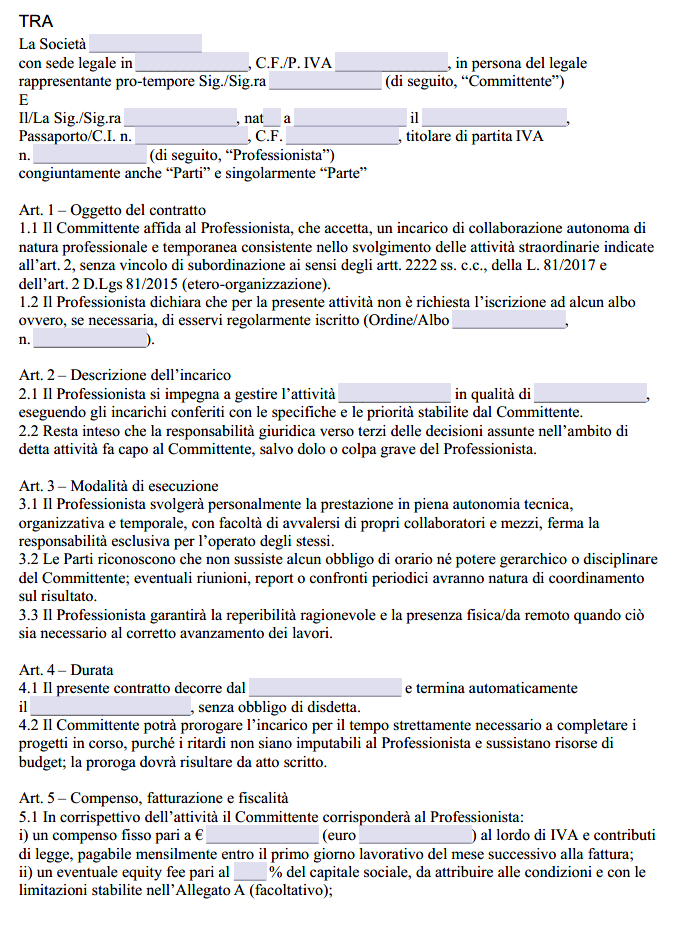 Contratto di Collaborazione Professionale con Partita Iva