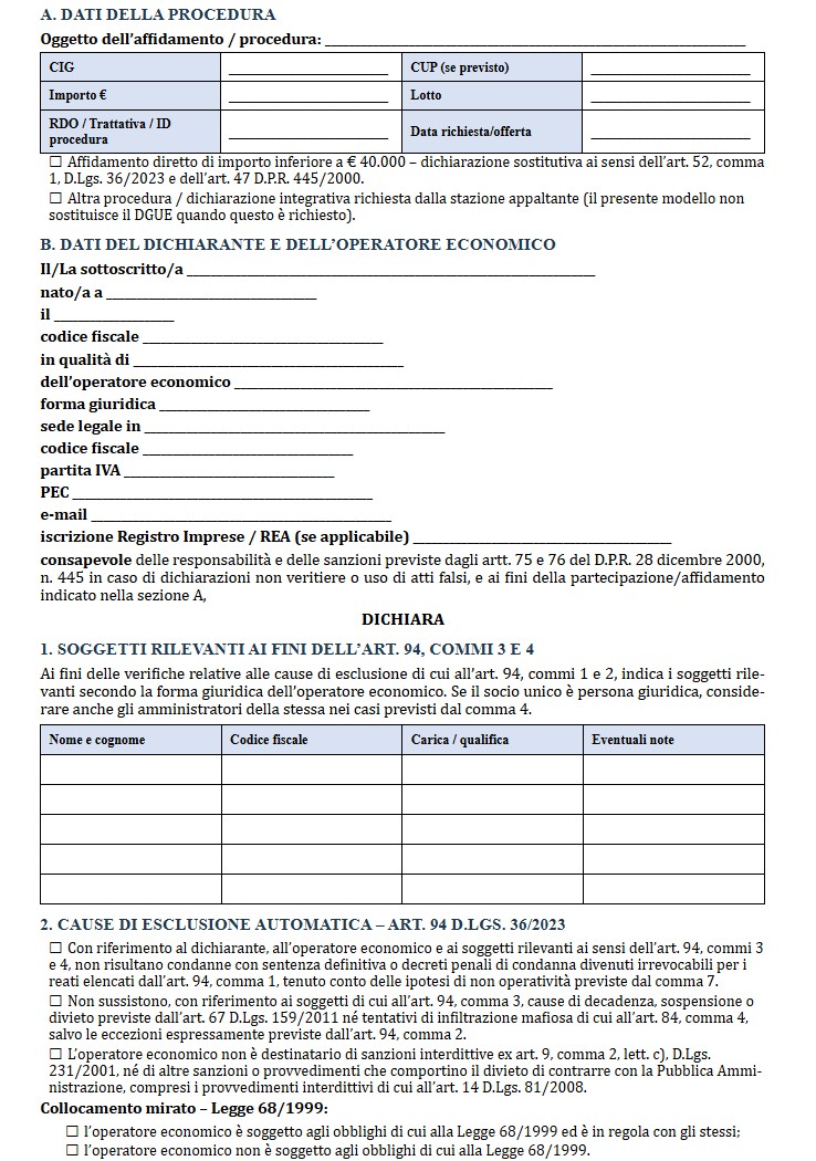 Fac Simile Dichiarazione Artt. 94 e 95 Dlgs 36/2023 Word e PDF