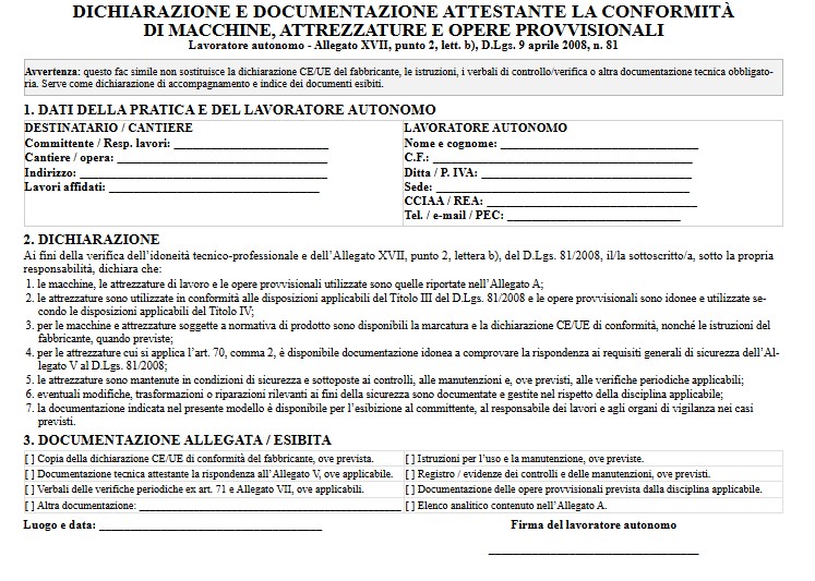 Fac Simile Dichiarazione di Conformità Macchine e Attrezzature Word e PDF
