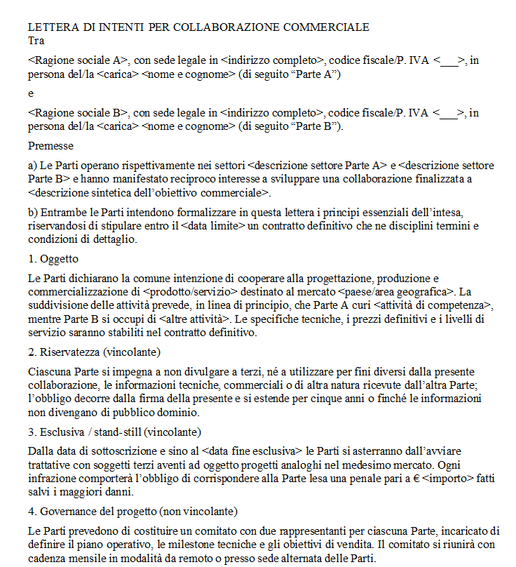 Fac Simile Lettera di Intenti per Collaborazione Commerciale