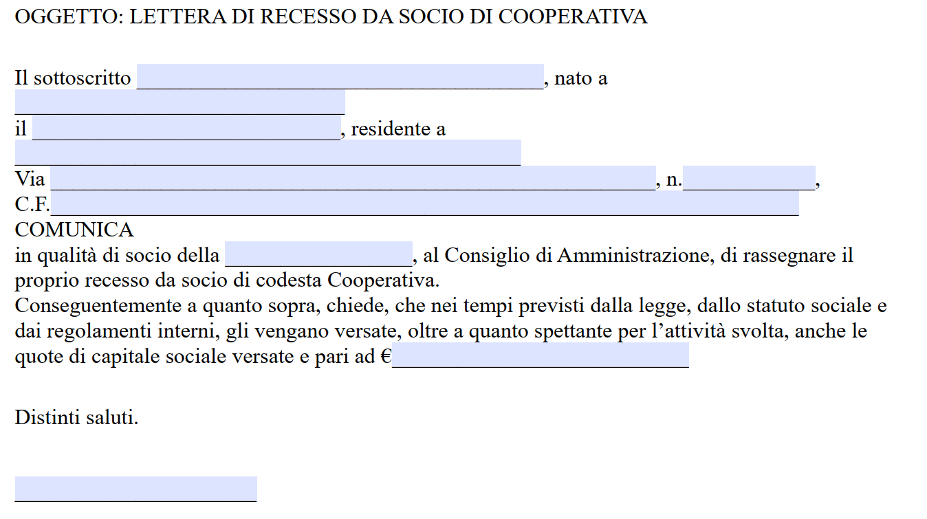 Fac Simile Recesso Socio Cooperativa