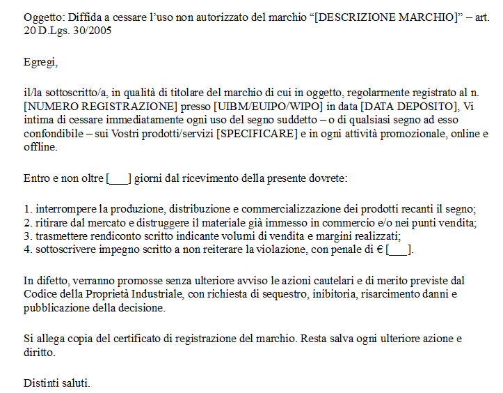 Lettera di Diffida Utilizzo Marchio
