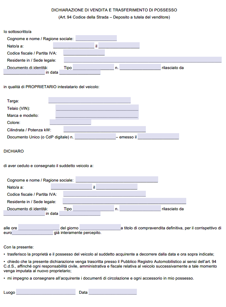 Scarico di Responsabilità Vendita Auto