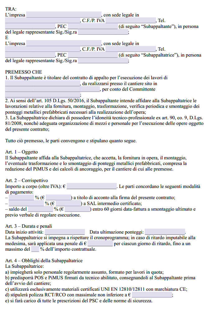 Contratto di Subappalto Montaggio Ponteggi
