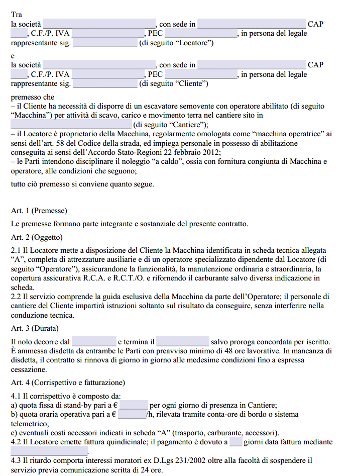 Fac Simile Contratto di Nolo a Caldo Escavatore