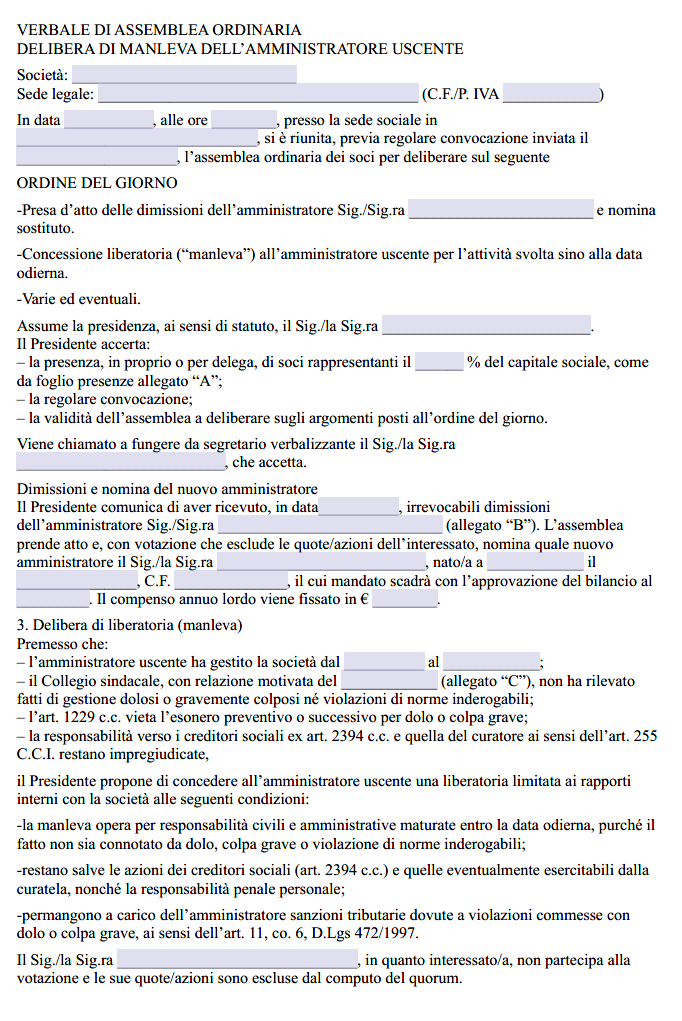 Fac Simile Manleva Amministratore Uscente
