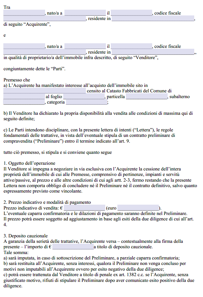 Lettera di Intenti Acquisto Immobile