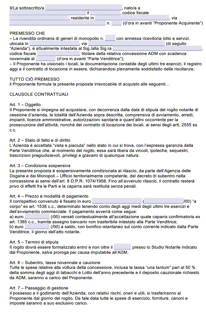 Proposta di Acquisto Licenza Tabacchi