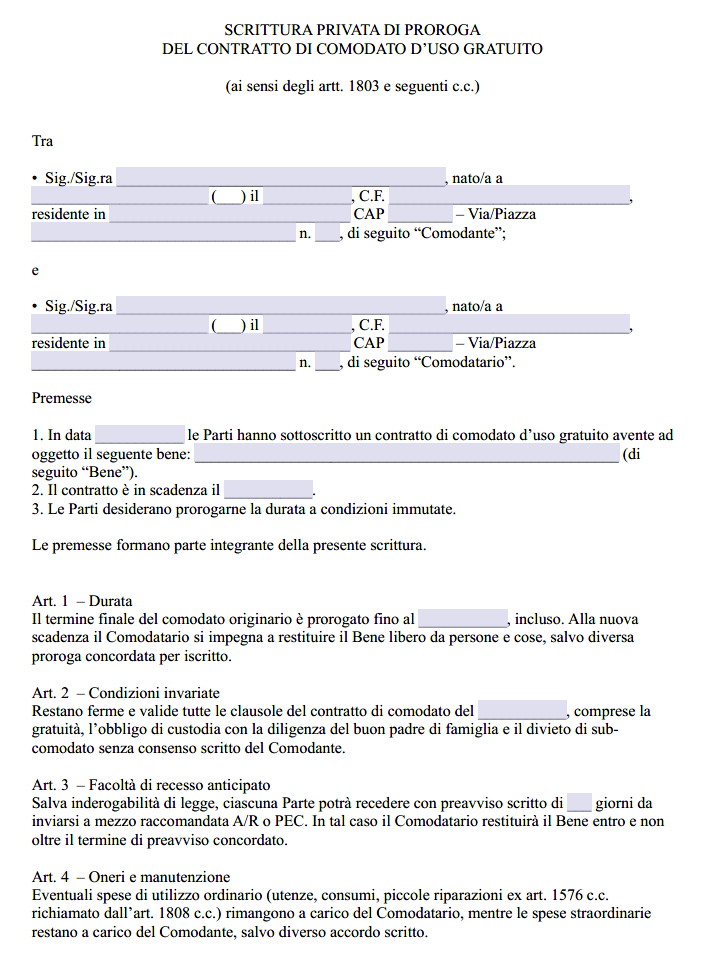 Proroga Contratto Comodato d'Uso Gratuito