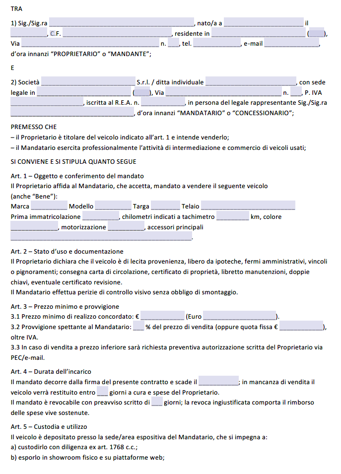 Contratto di Conto Vendita Auto