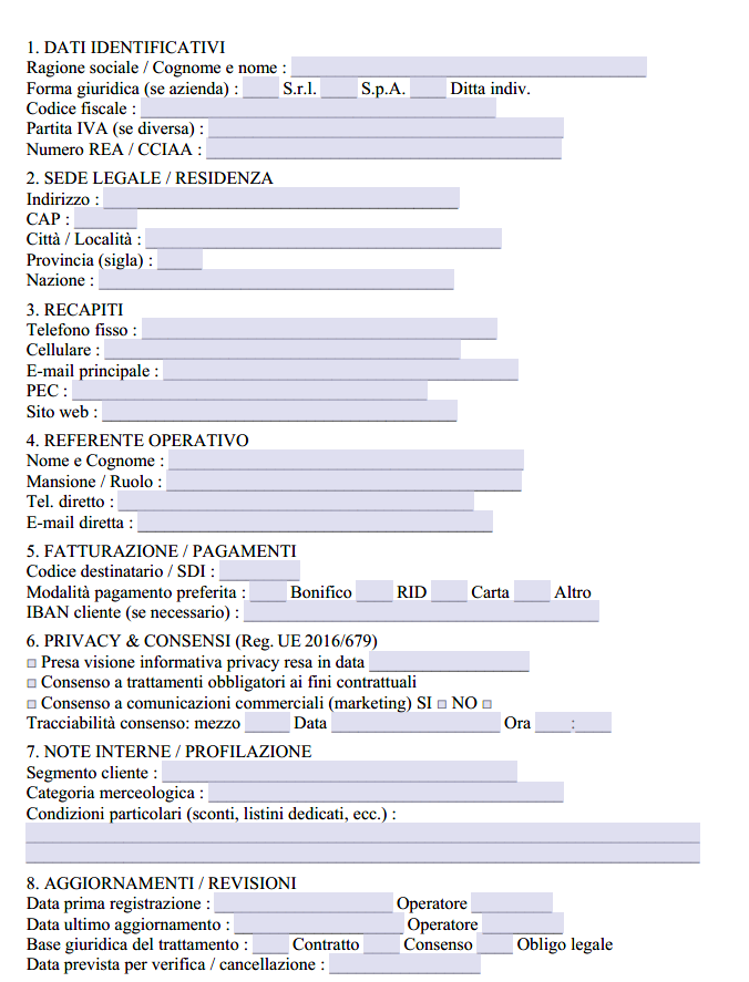 Fac Simile Scheda Anagrafica Cliente