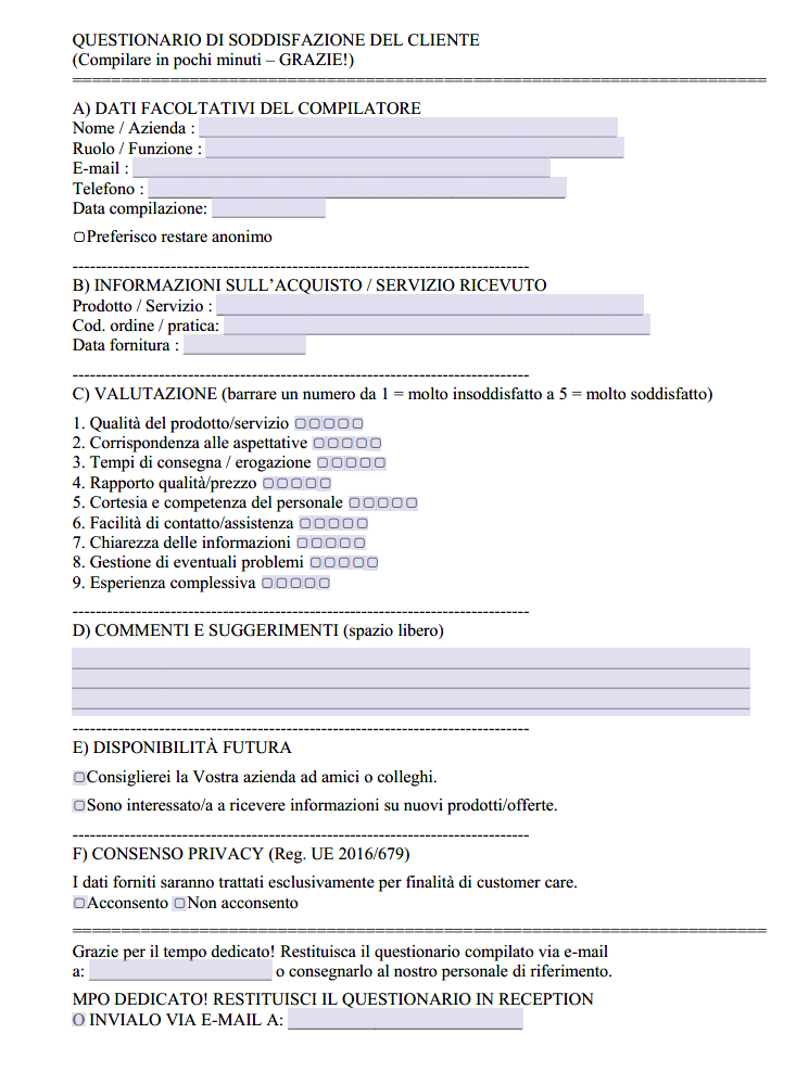 Modulo Questionario Soddisfazione Cliente