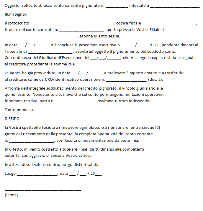 Richiesta Sblocco Conto Corrente Pignorato