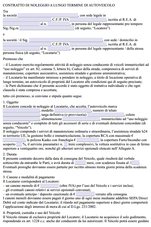 Fac Simile Contratto Noleggio Auto a Lungo Termine